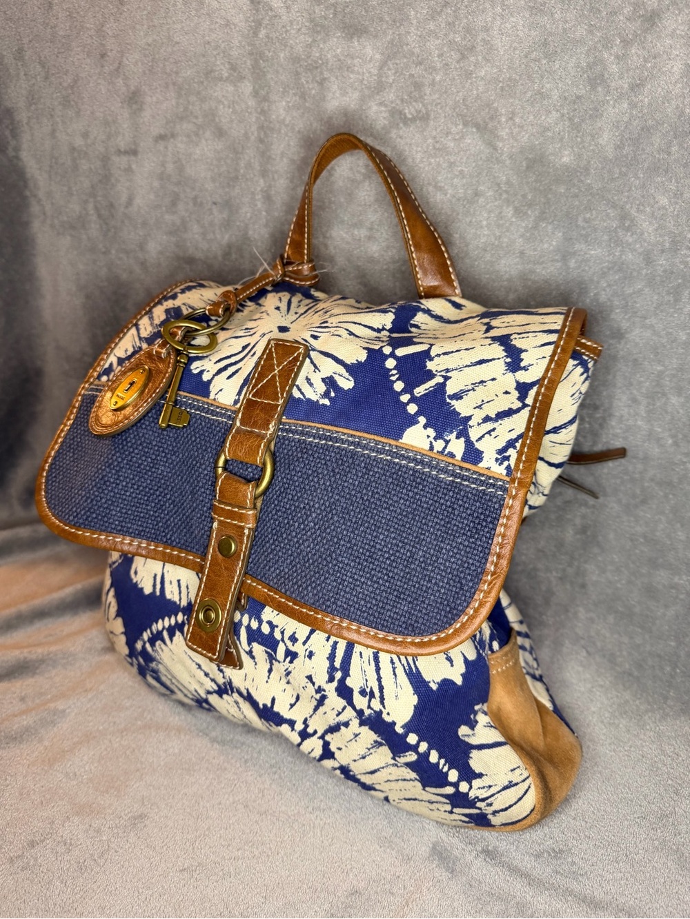 Fossil Blue and Cream Floral Canvas Backpack with Brown Leather Trim - Picture 3 of 10